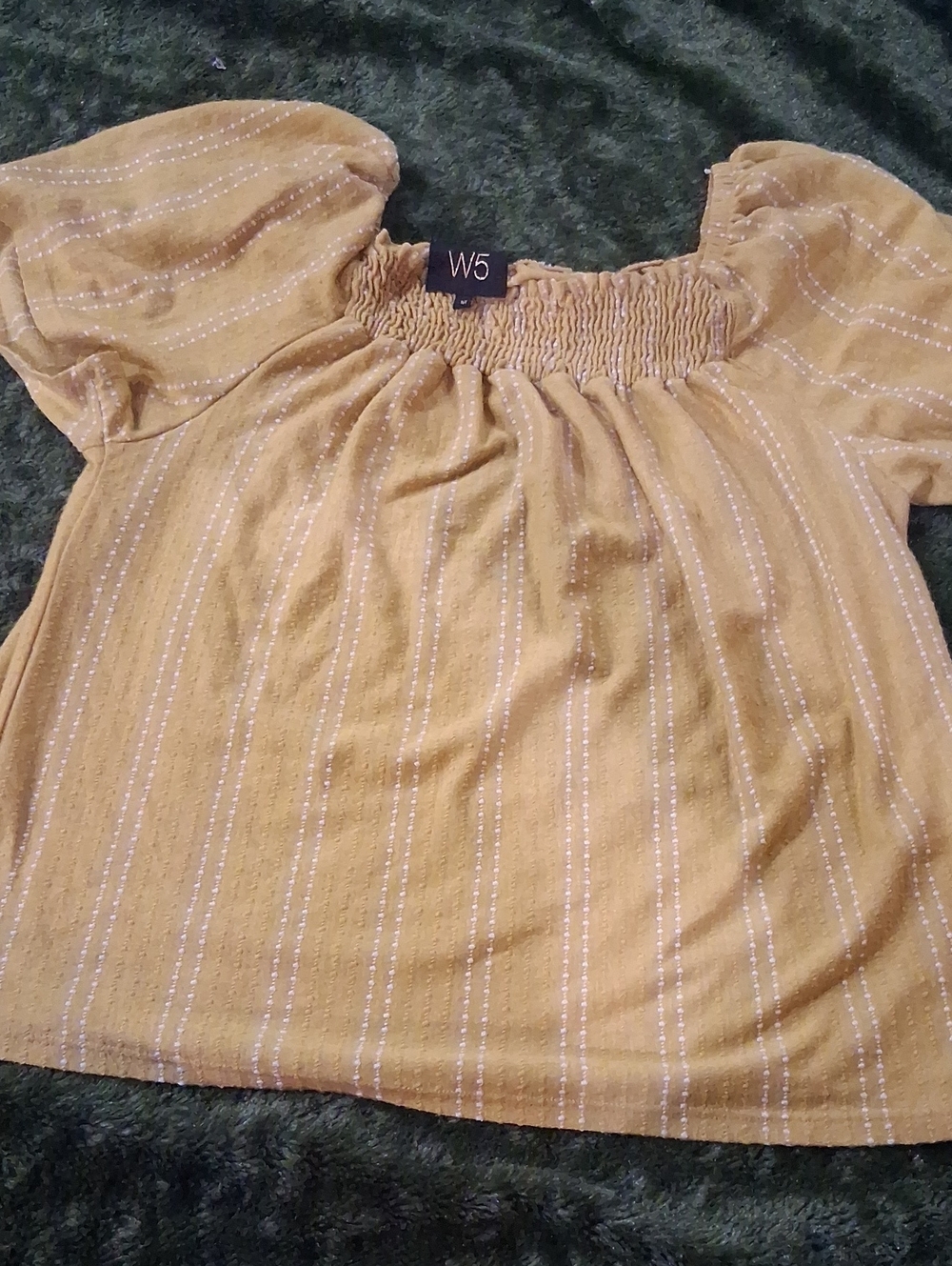 W5 Mustard Stripe Smocked Square-Neck Puff Sleeve Top